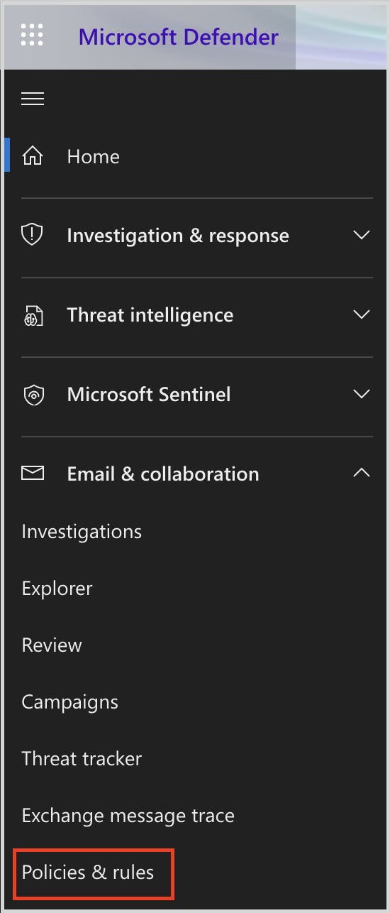 Policy and rules option on the left navigation panel of Microsoft Defender