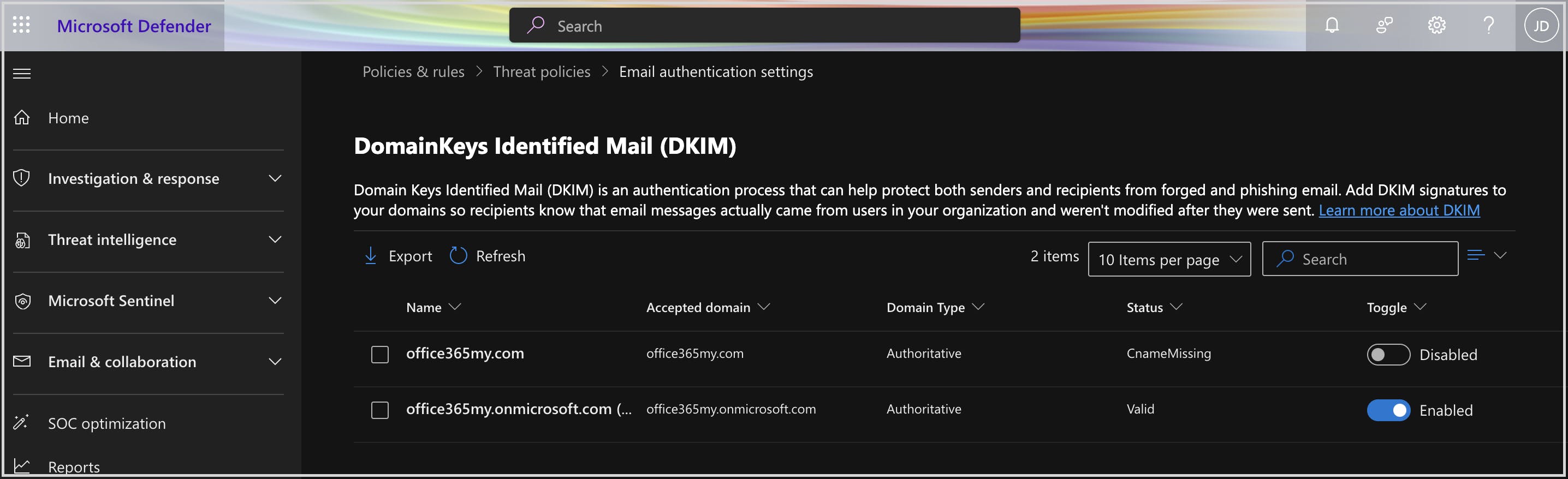  The email authentication settings page