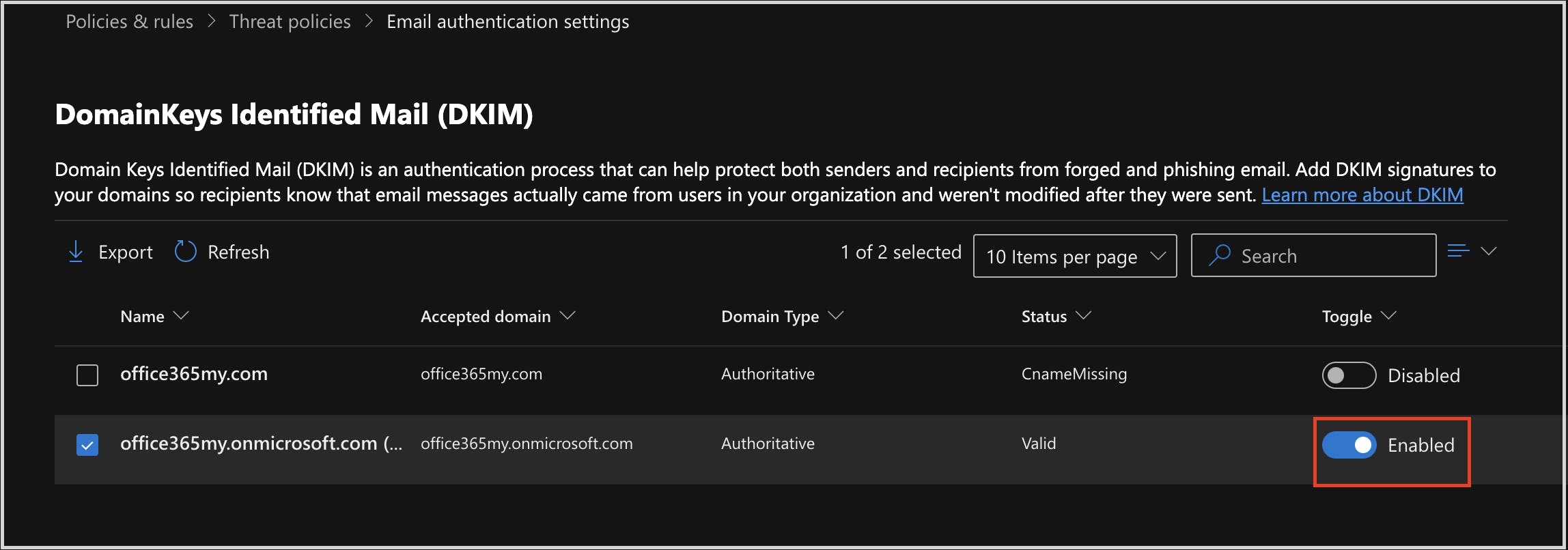 Enabling DKIM for a domain 