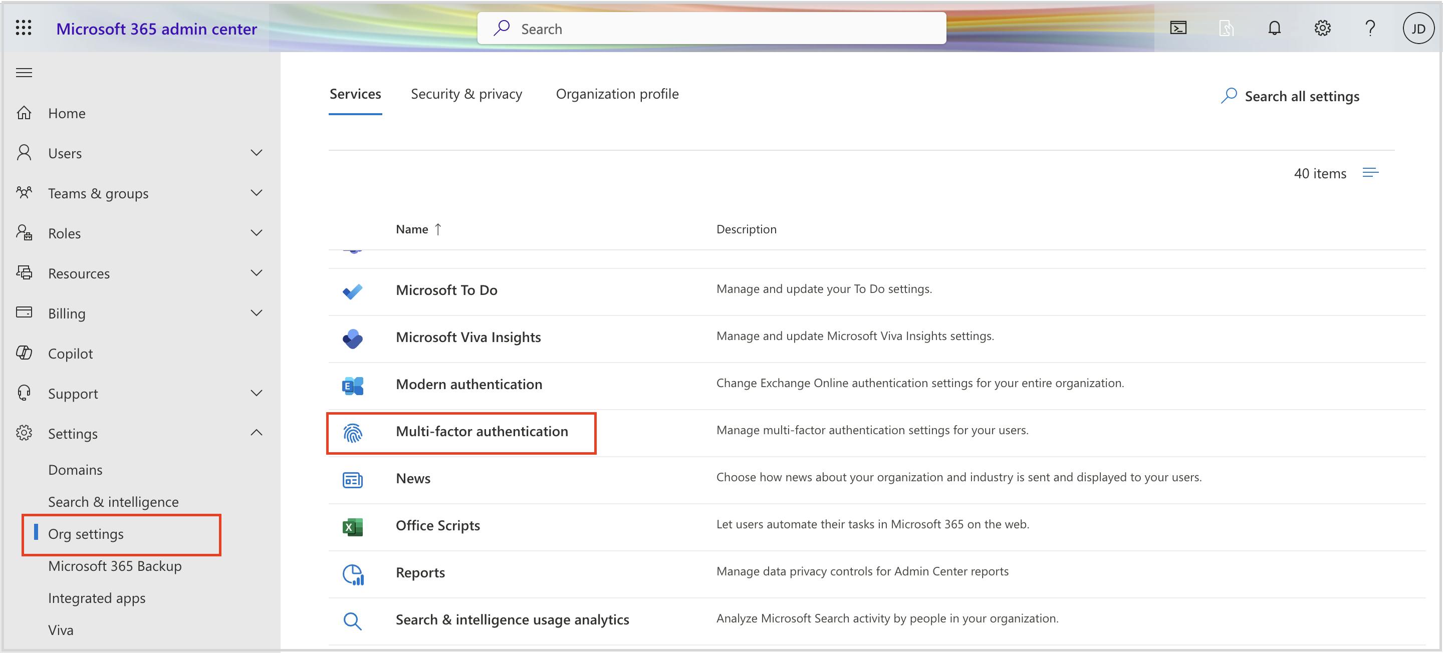 Org setting page in Microsoft 365 admin center 