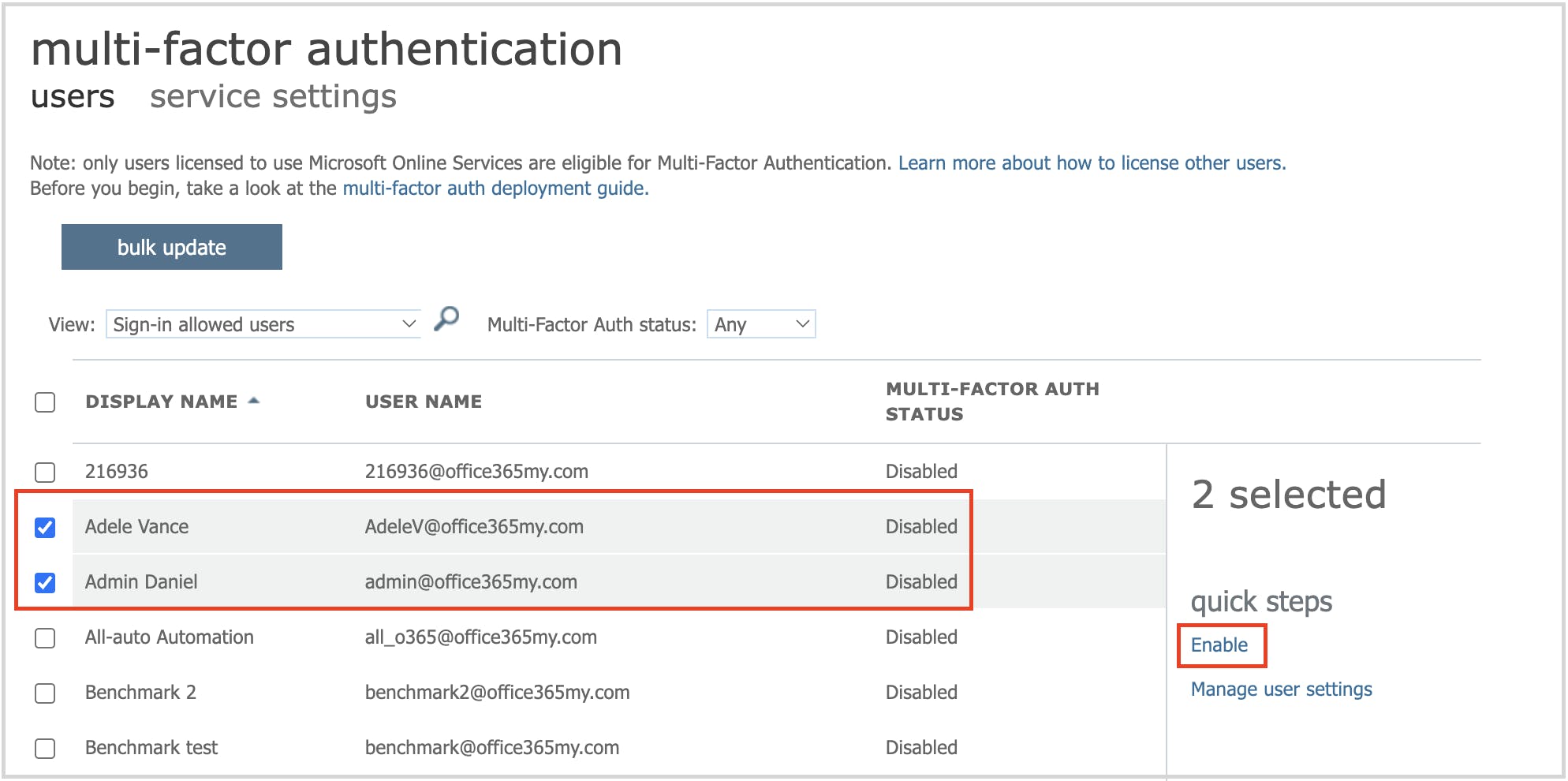 Enabling MFA for selected users