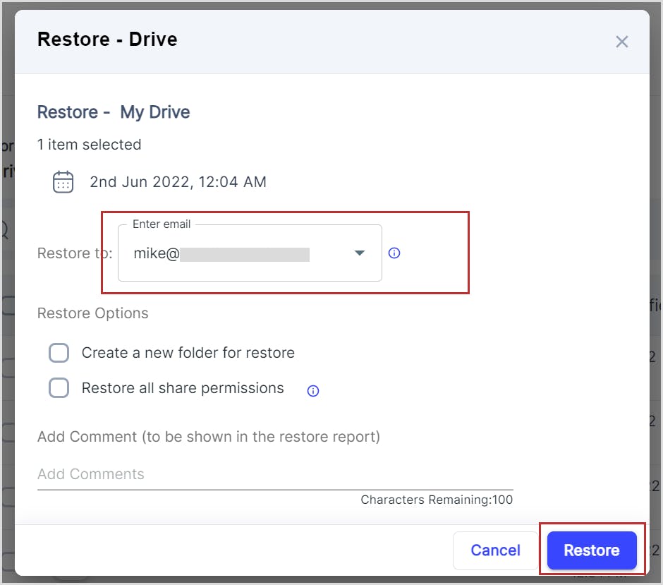 Restore Google Drive files to another account using SysCloud