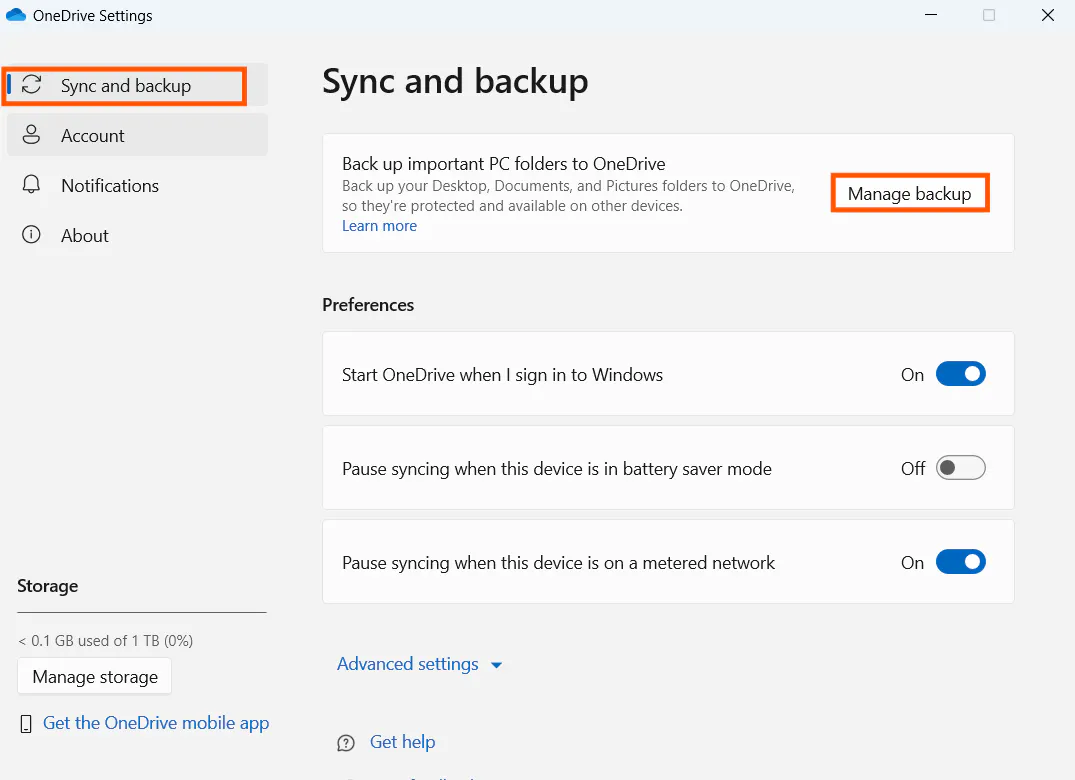 sync and backup onedrive