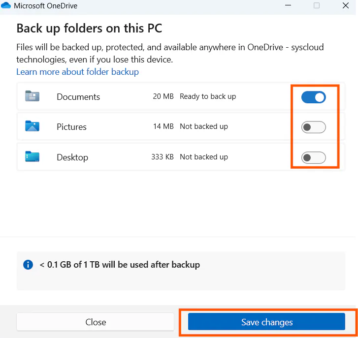 save changes onedrive backup