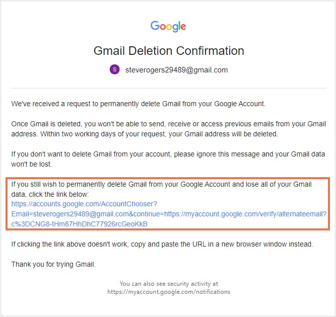 Gmail deletion confirmation