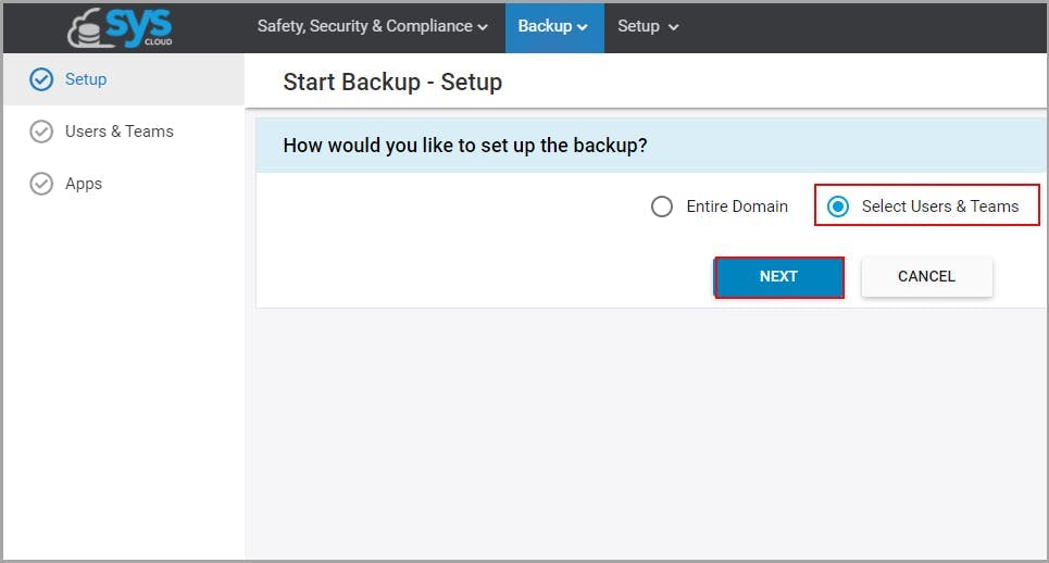 シスクラウドを使用したアウトロックメールのバックアップ - ユーザーとチームの選択