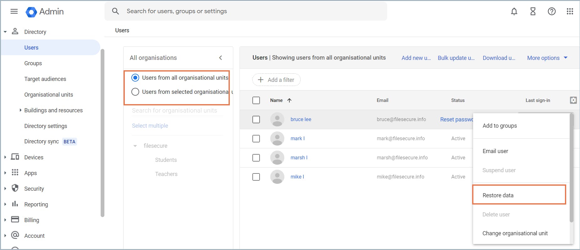管理者は復元によってGoogle Driveのデータを復元します。