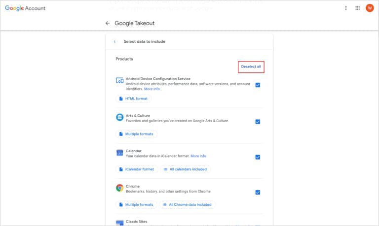 How to use google takeout deselect