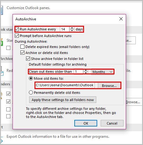 How to Set Up Auto Archiving Feature in Outlook- step 5