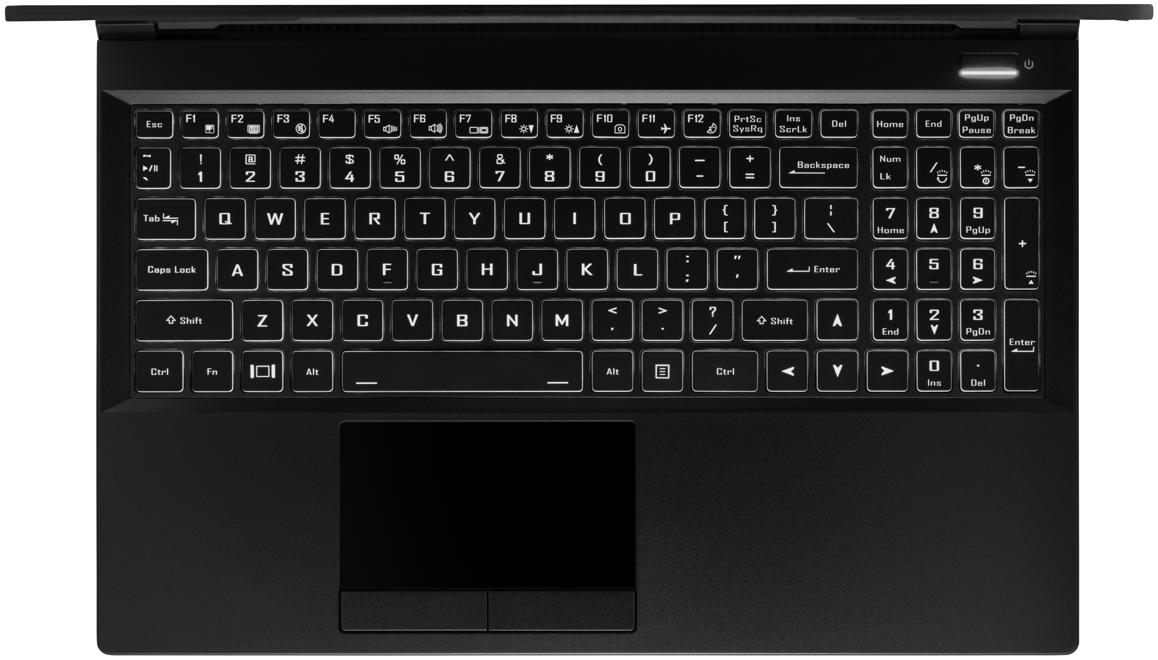 A top-down view of the Oryx Pro laptop’s tactile numeric keyboard and large trackpad.