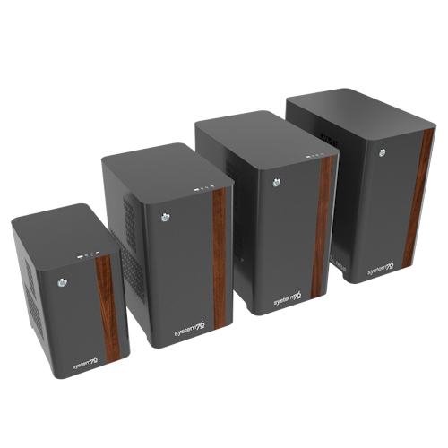 Family of Thelio desktops, including Thelio, Thelio Mira, Thelio Major, and Thelio Mega lined up showing off the walnut accent option and new top ports.