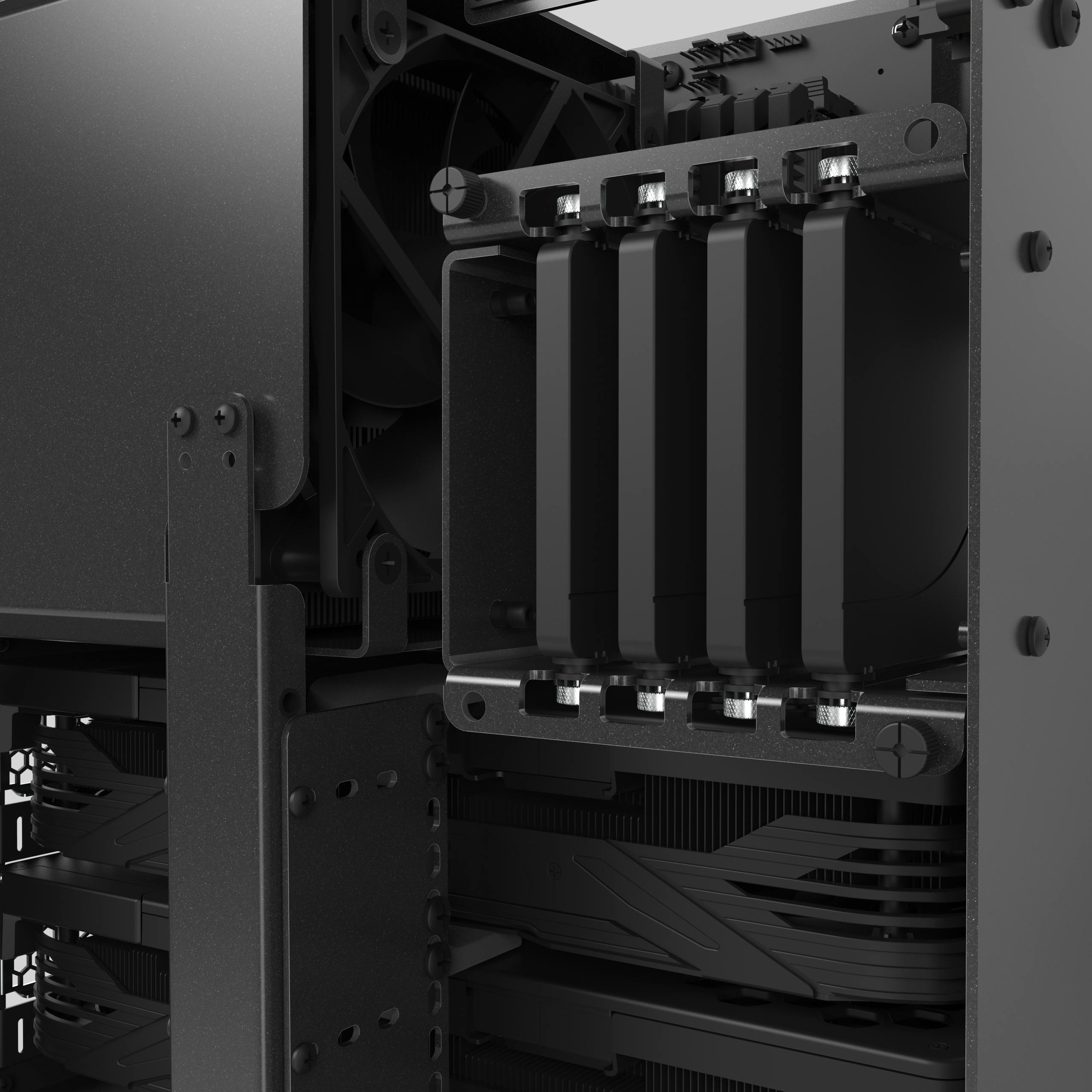 Detail of the machine interior showing storage drives inside the aluminum cages.