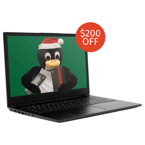 Pangolin laptop quarter-turned right with coreboot and Tux the penguin with a santa hat as a wallpaper and $200 off tag