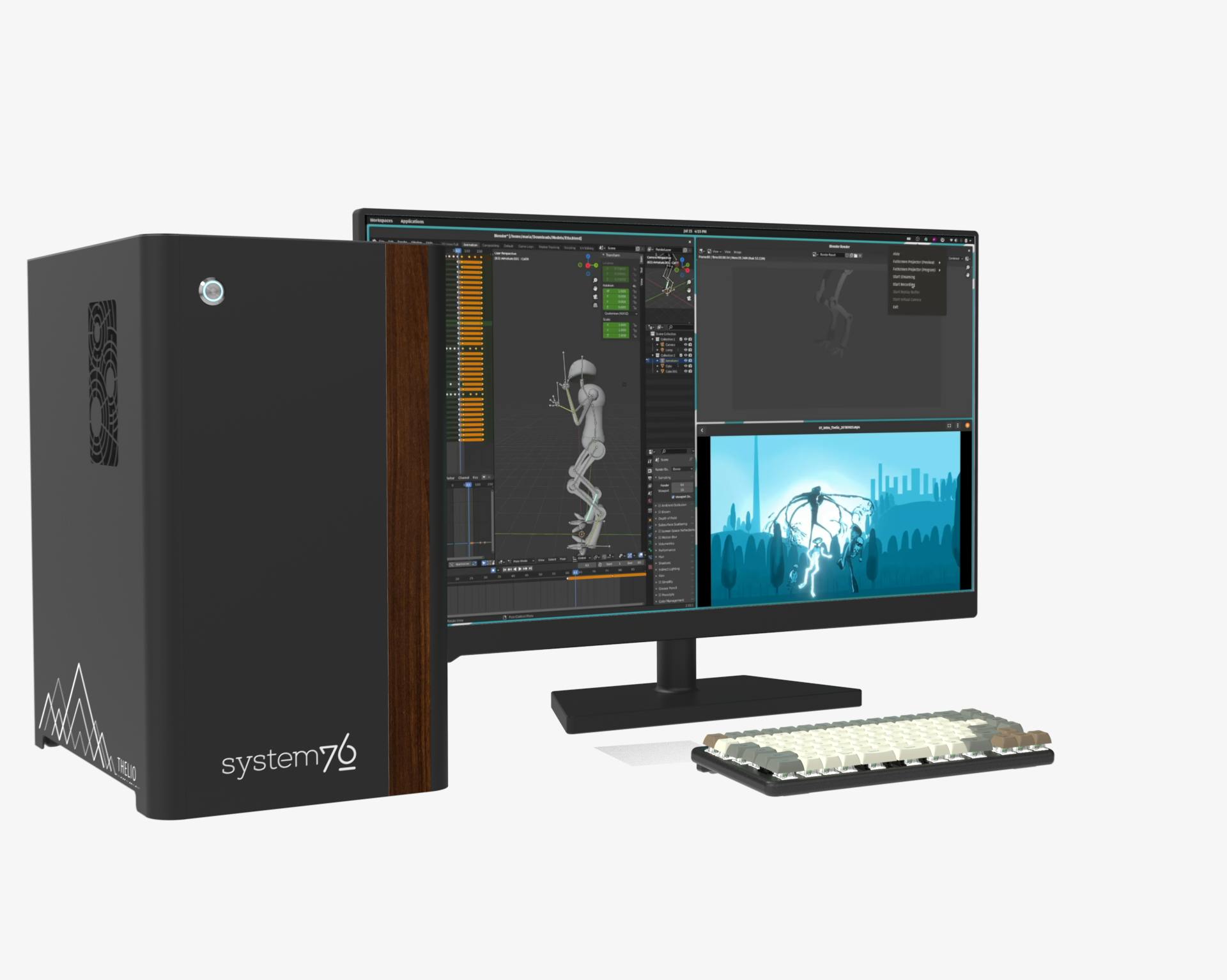 Desk setup with Thelio Major, Launch keyboard, and a monitor with the Blender application running.
