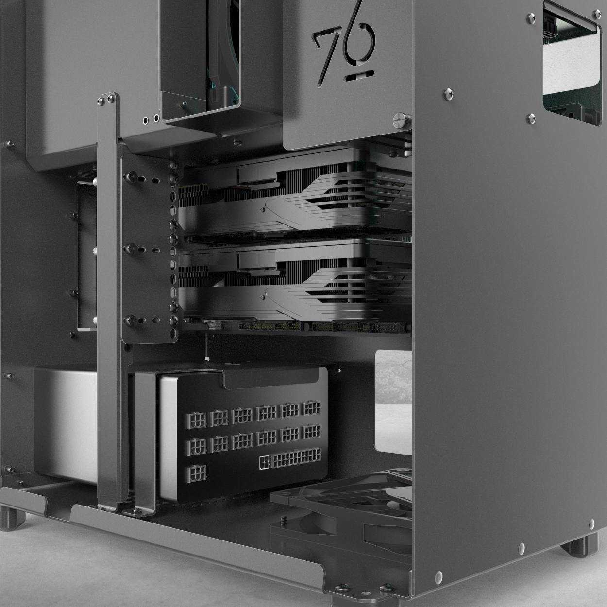 Close view of the machine interior with GPUs.
