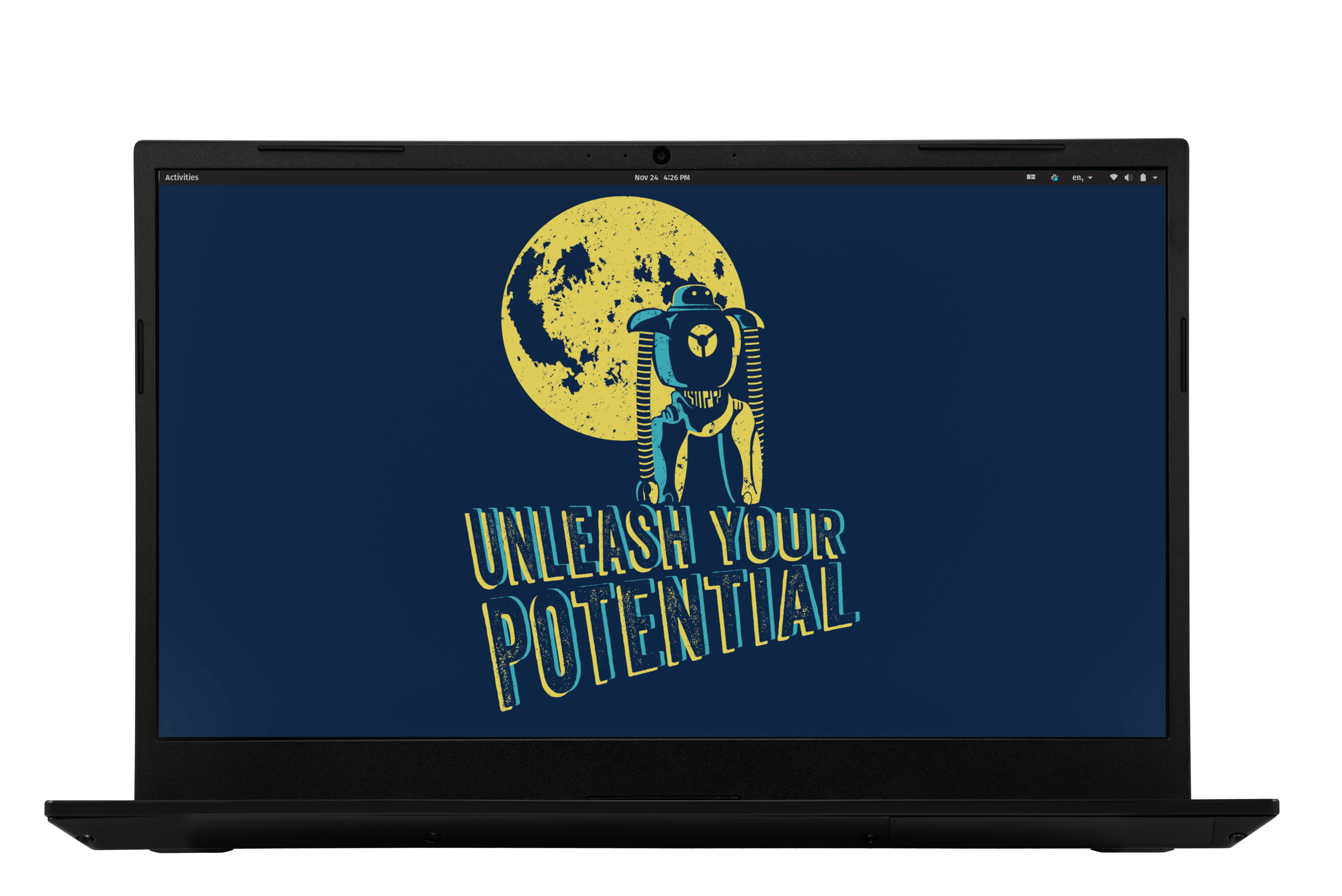 A head-on view of the Pangolin laptop with the navy blue Unleash Your Potential desktop background.