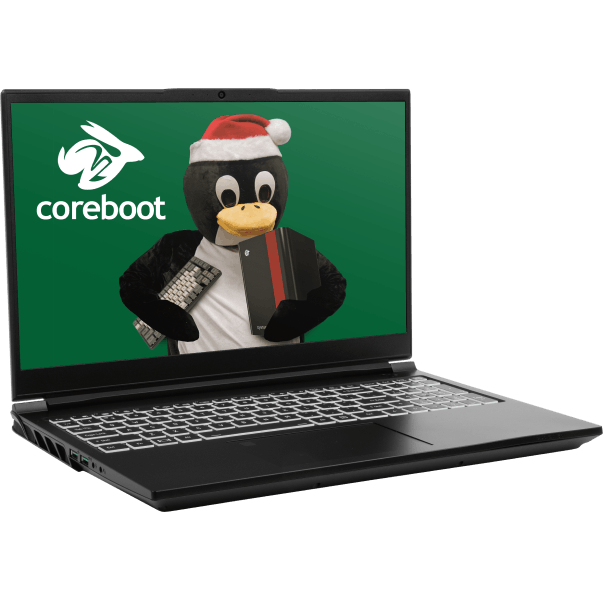 ServalWS laptop quarter-turned right with coreboot and Tux the penguin with a santa hat as a wallpaper