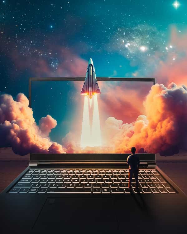 Serval WS laptop opens with a futuristic spaceship launching from the screen with a "Powerful Laptops" header.