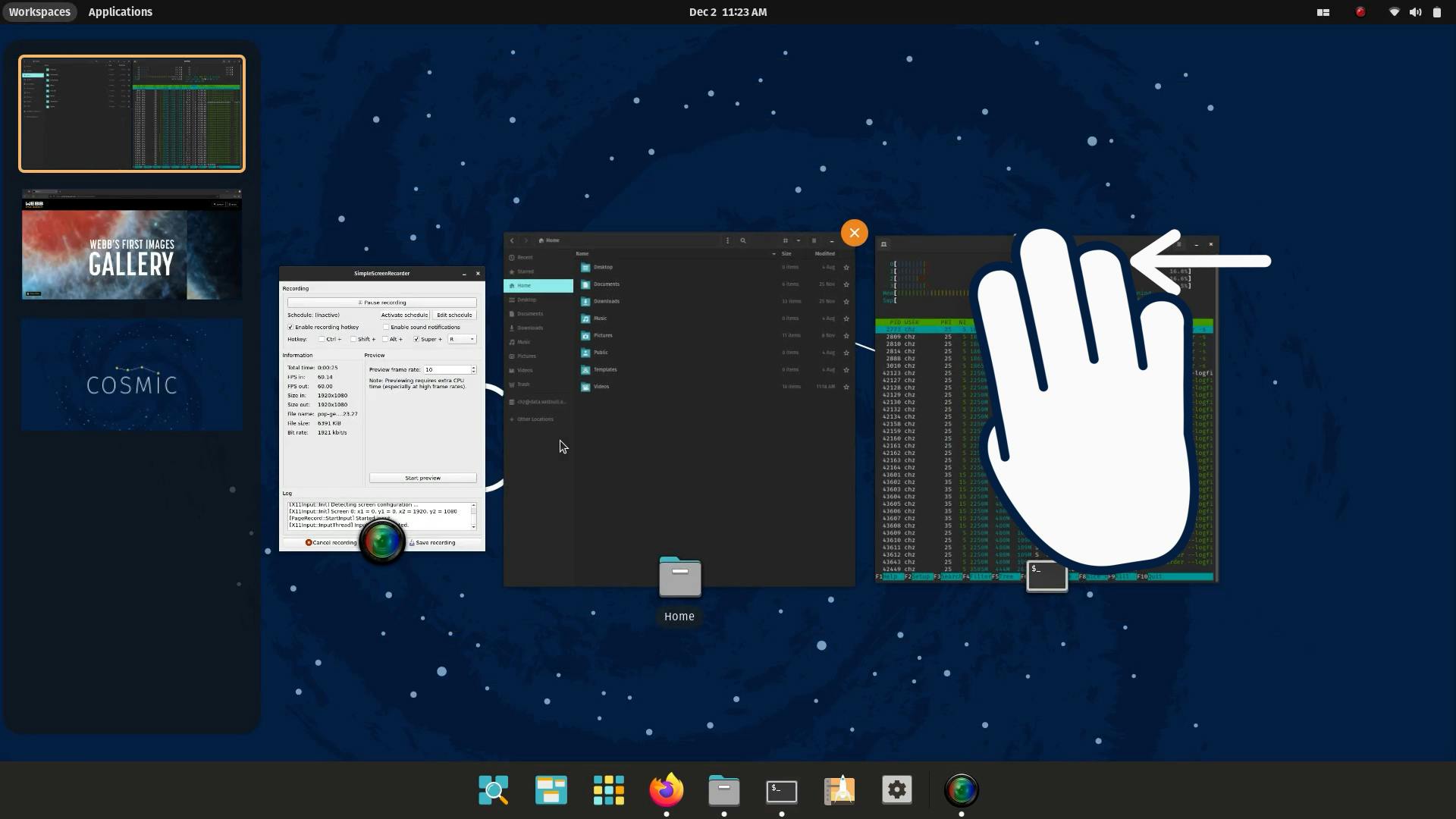 Feature video showing the ability to swipe down with four fingers on your trackpad to go to the next workspace, and swipe up to return to the previous one