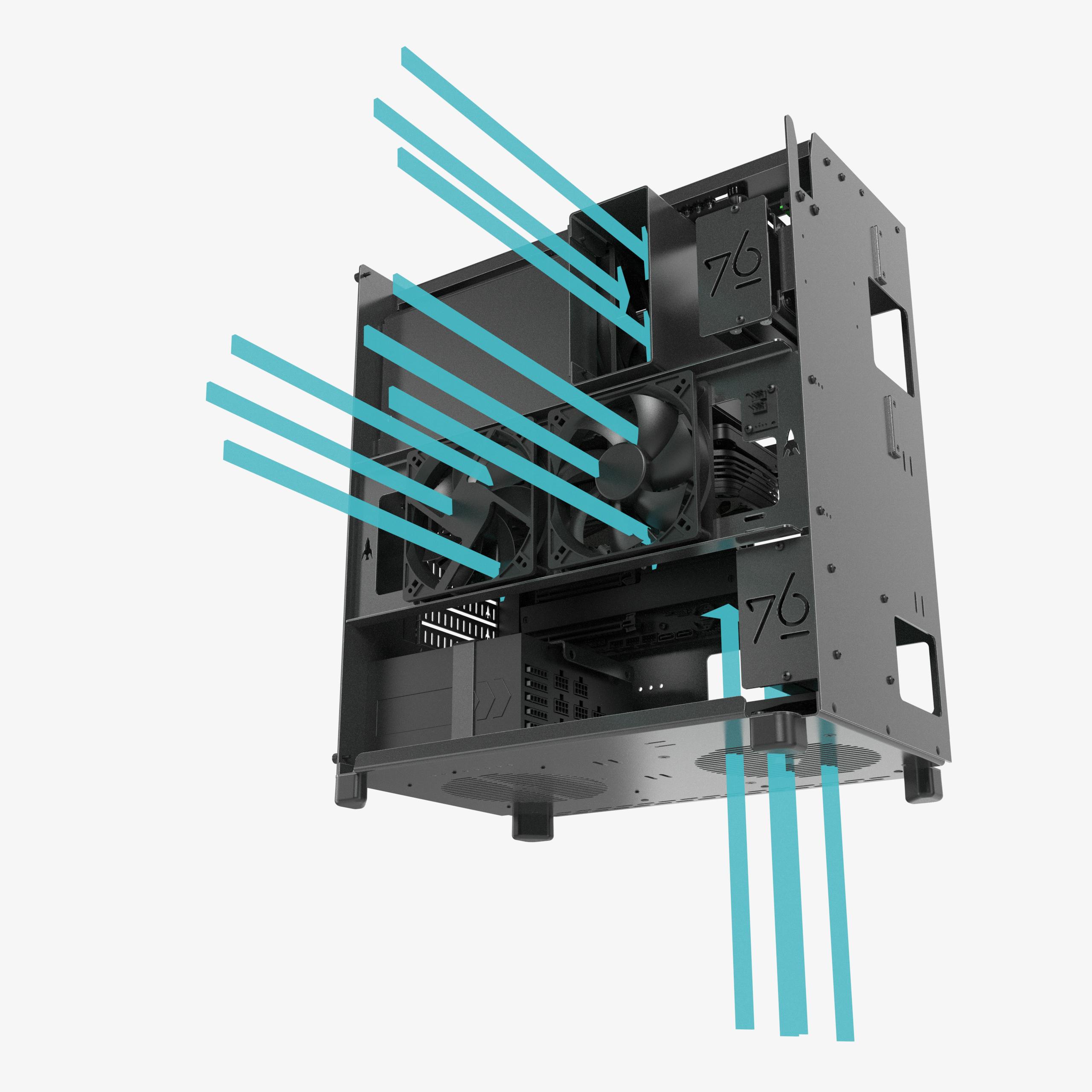 A gif shows how cool air enters the system using side and bottom cool air intake vents, and then is expelled out the exhaust vents. Thelio Major's thermal advantage gives professionals the edge to go further than their competitors.