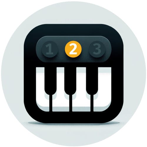 Square icon of a musical keyboard with a 2 highlighted in blue representing the second step to create a midi keyboard