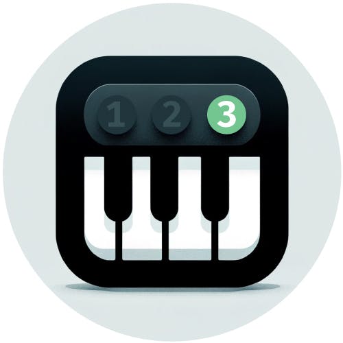 Square icon of a musical keyboard with a 3 highlighted in blue representing the third step to create a midi keyboard