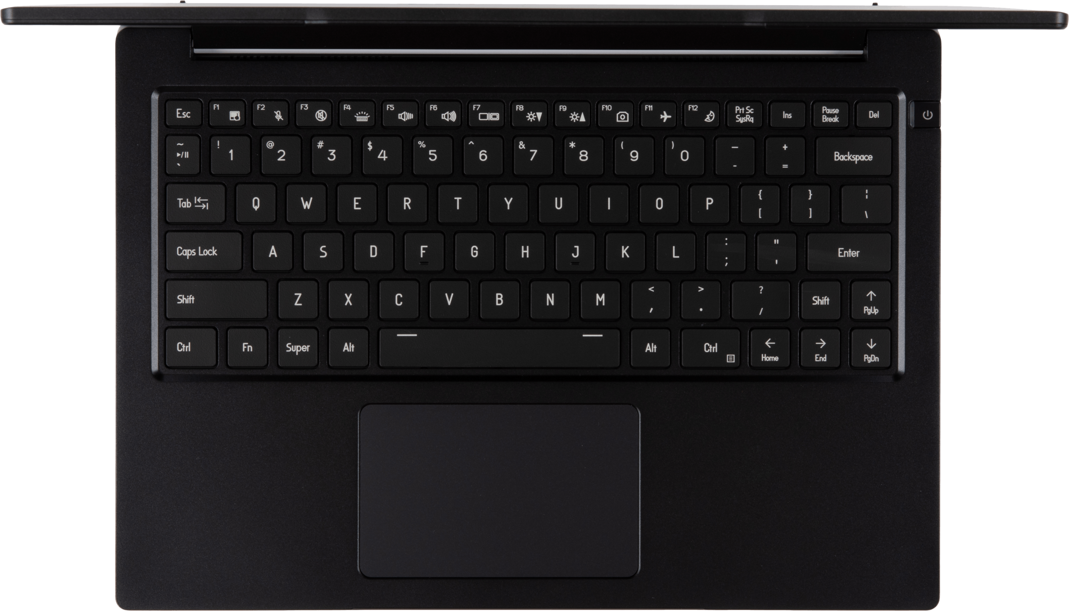 A top-down view of the Lemur Pro laptop’s tactile numeric keyboard and large trackpad. 
