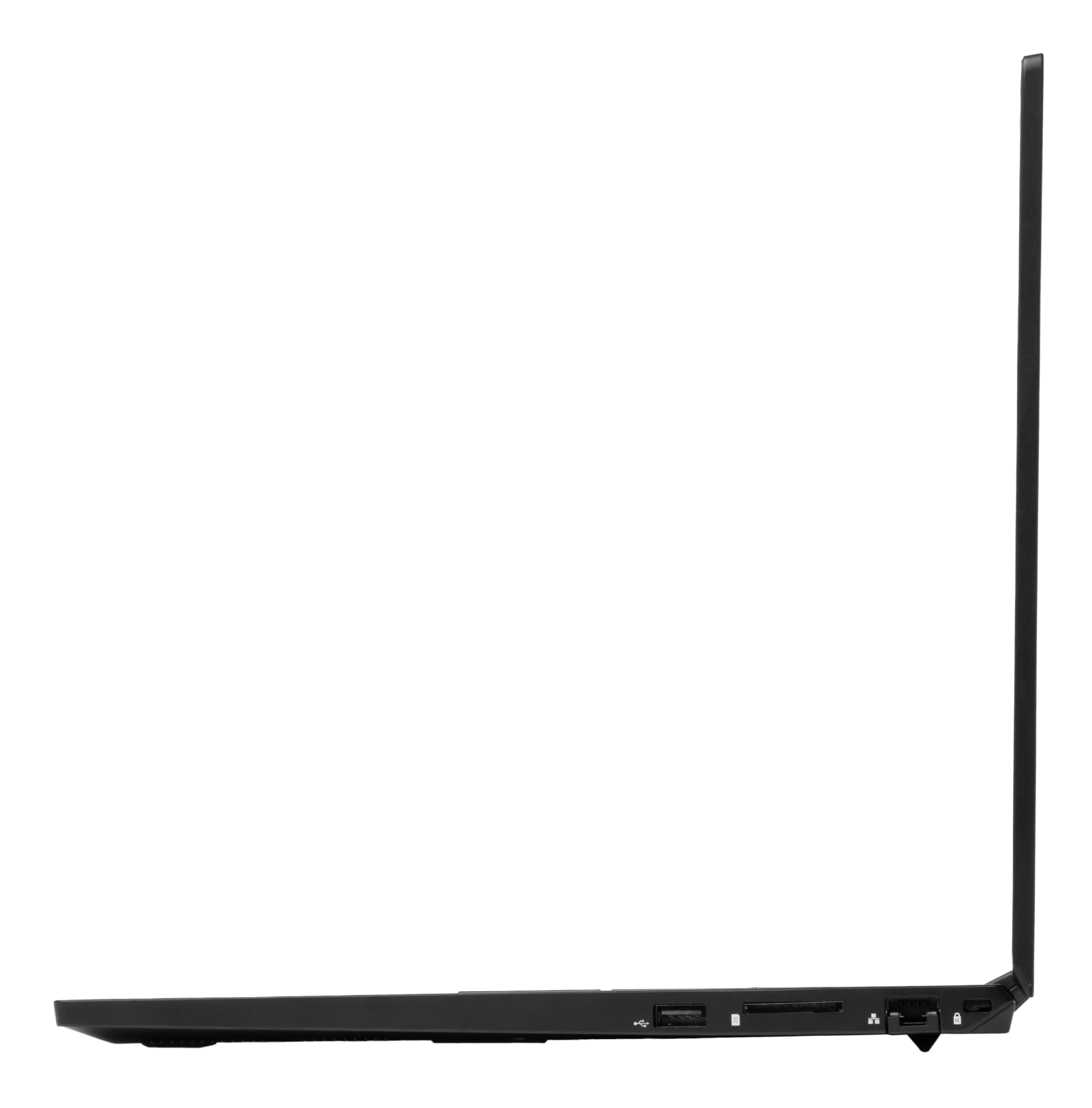 A right profile view of the Pangolin laptop’s ports, including charging port, HDMI, 2 x USB type A, 1 x USB type C, headphone/microphone combo jack, hardware camera kill switch.