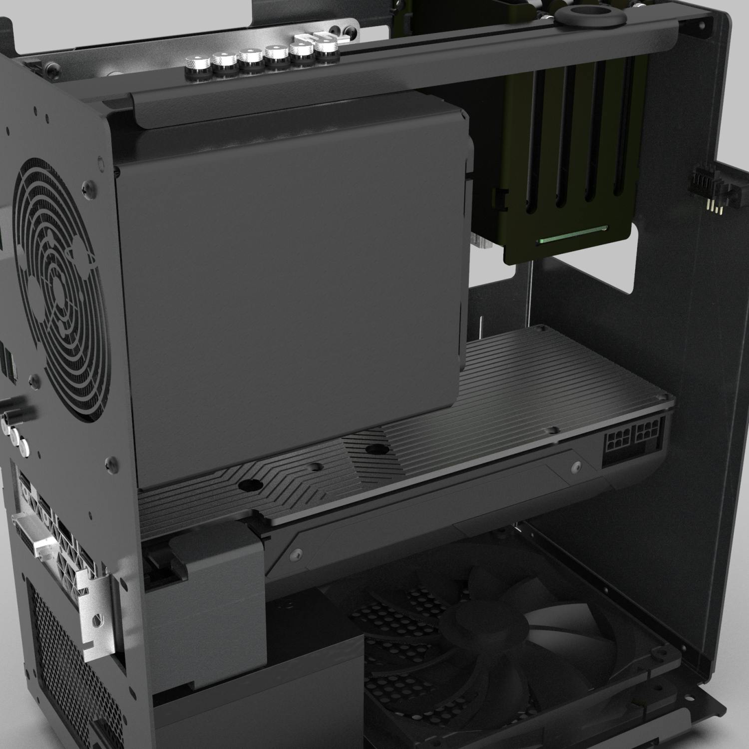 Close view of the machine interior with GPU and intake fan.