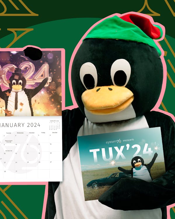 Tuxmas sale banner featuring Tux the penguin holding the TUX'24 calendar