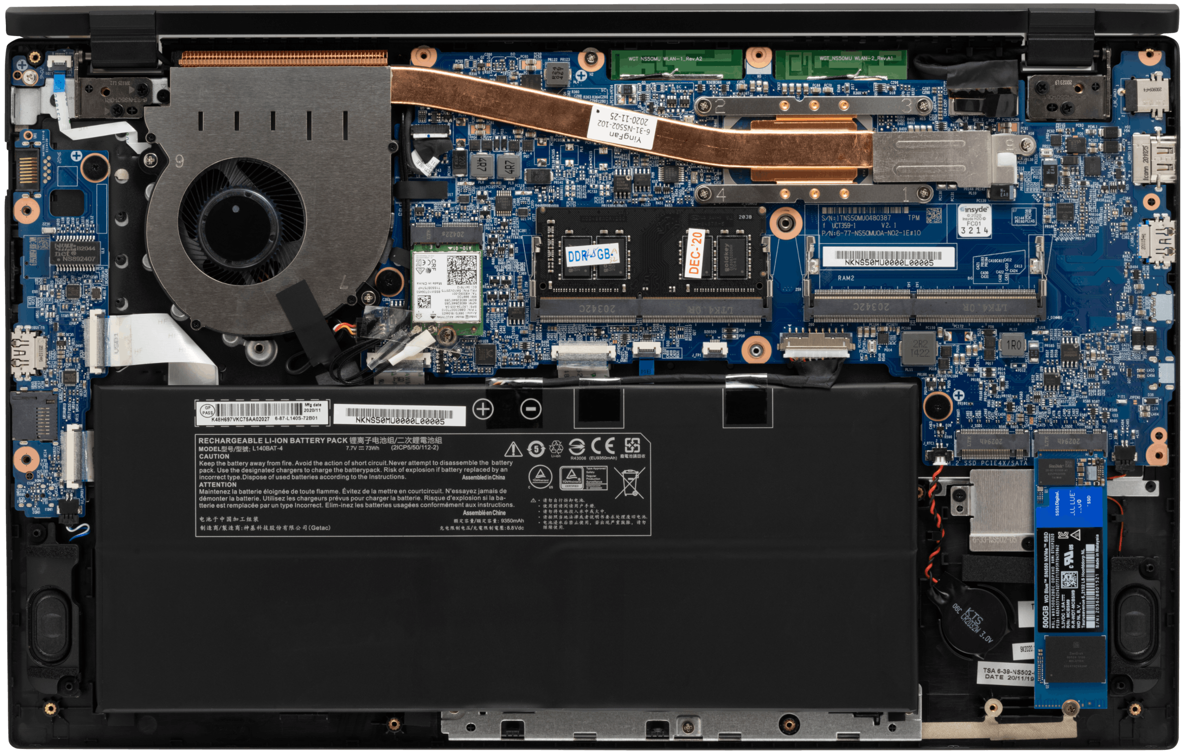 The inner workings of the Darter Pro laptop, with all hardware exposed.