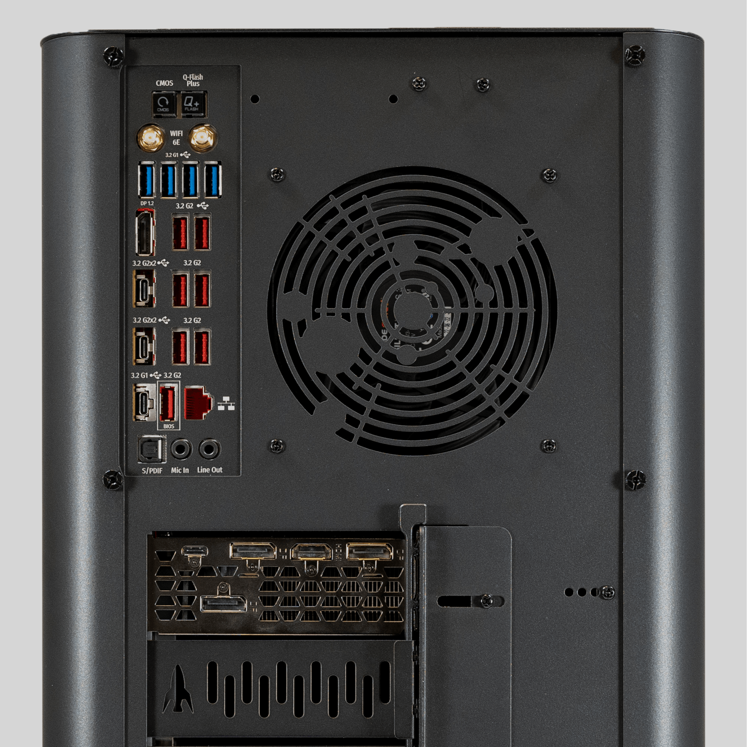 Back view of the machine with ports, the UNIX Epoch exhaust vent.