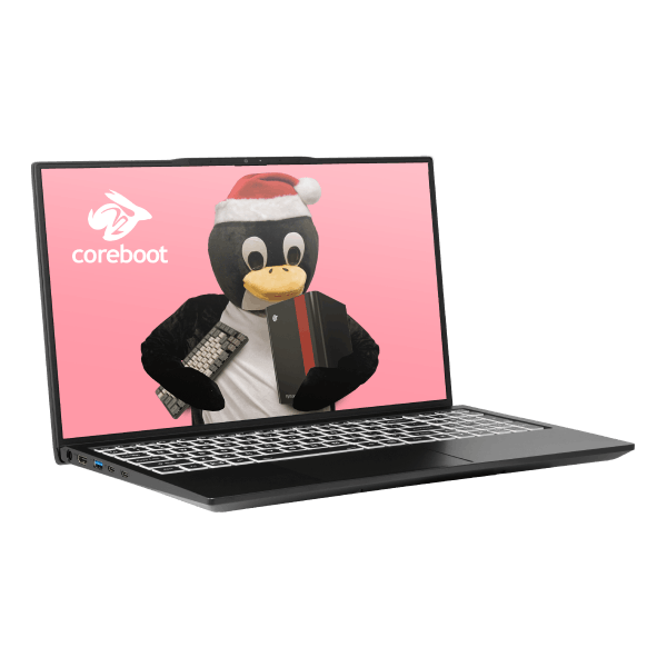 Darter Pro laptop quarter-turned right with coreboot and Tux the penguin with a santa hat as a wallpaper