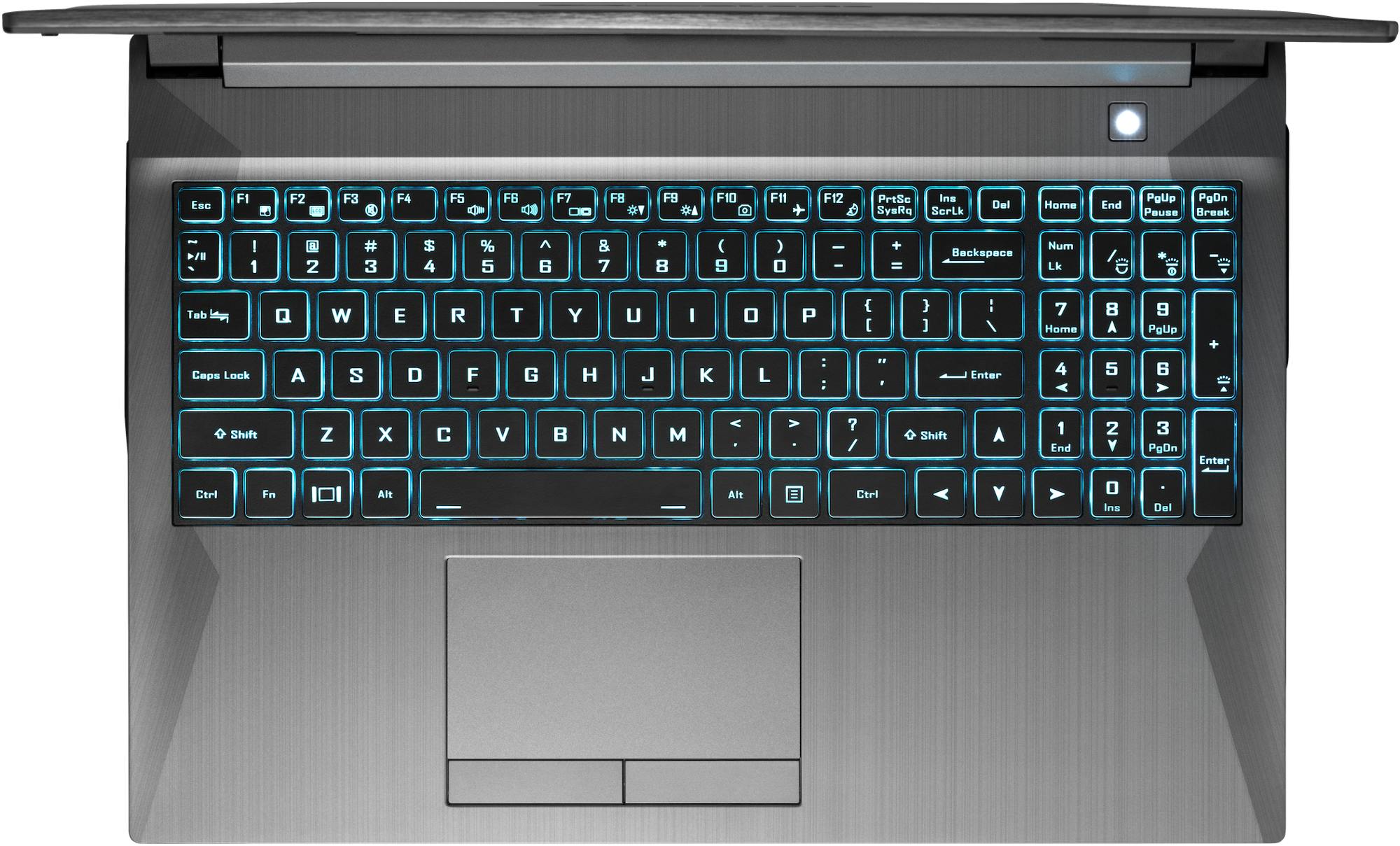 A top-down view of the Gazelle laptop’s tactile backlit numeric keyboard and physical mouse buttons.