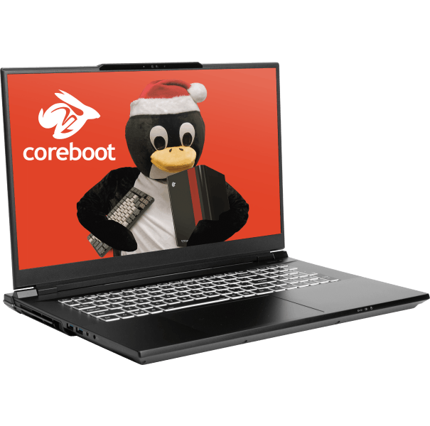 BonoboWS laptop quarter-turned right with coreboot and Tux the penguin with a santa hat as a wallpaper