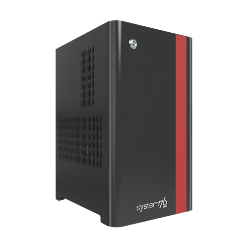 Thelio Spark with red accent turned a quarter to the right.