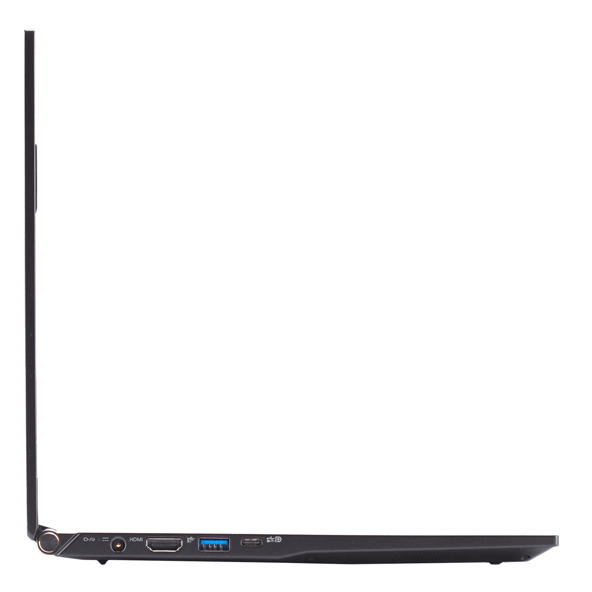 A left profile view of the Lemur Pro laptop’s ports, namely charging port, HDMI, USB, and USB-C.