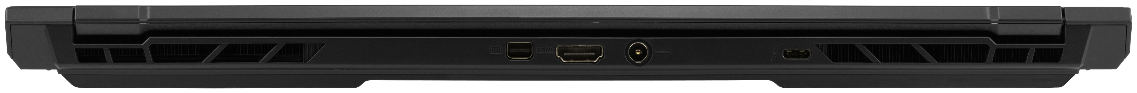 Rear view of the Oryx Pro laptop’s ports, including mini DisplayPort, HDMI, and charging port.