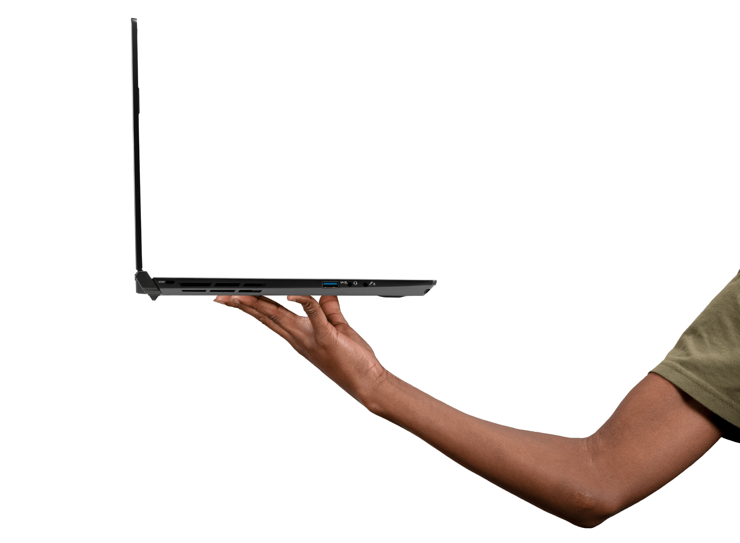 Woman holding the powerful and thin Oryx Pro with one arm.