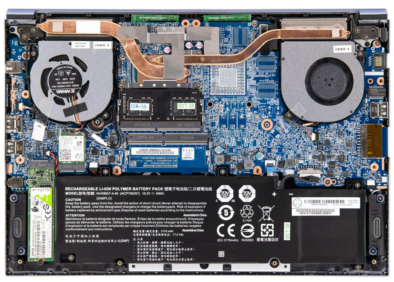 The inner workings of the Galago Pro laptop, with all hardware exposed. 