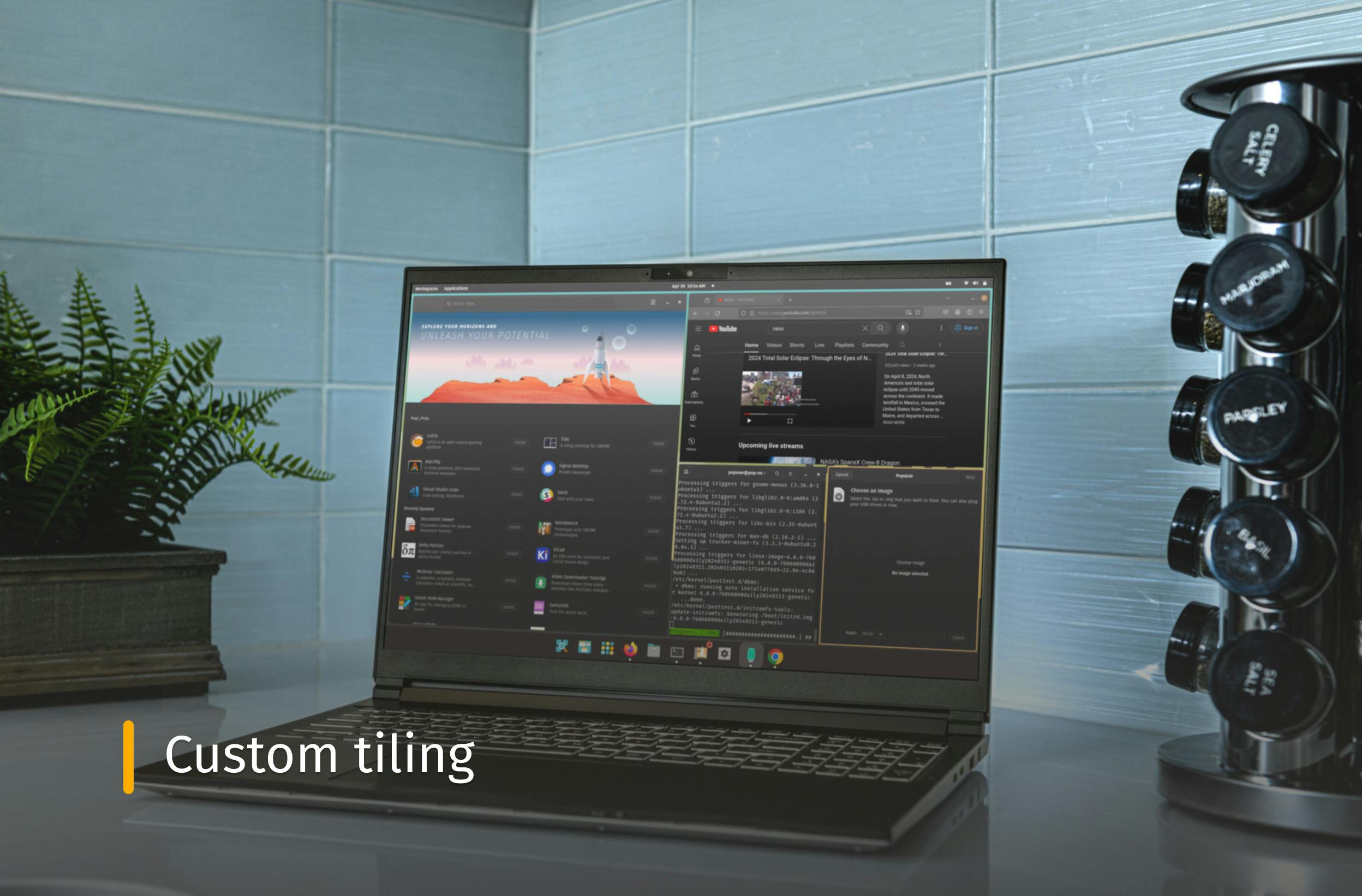 Darter Pro on a kitchen counter with blue tiles behind it and text that reads "Custom tiling"