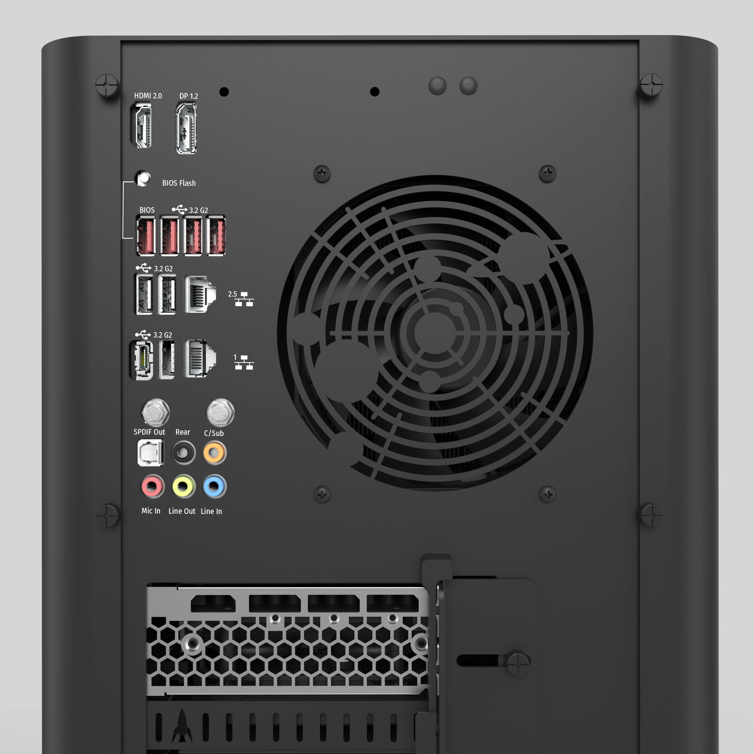 Back view of the machine with ports, the UNIX Epoch exhaust vent.