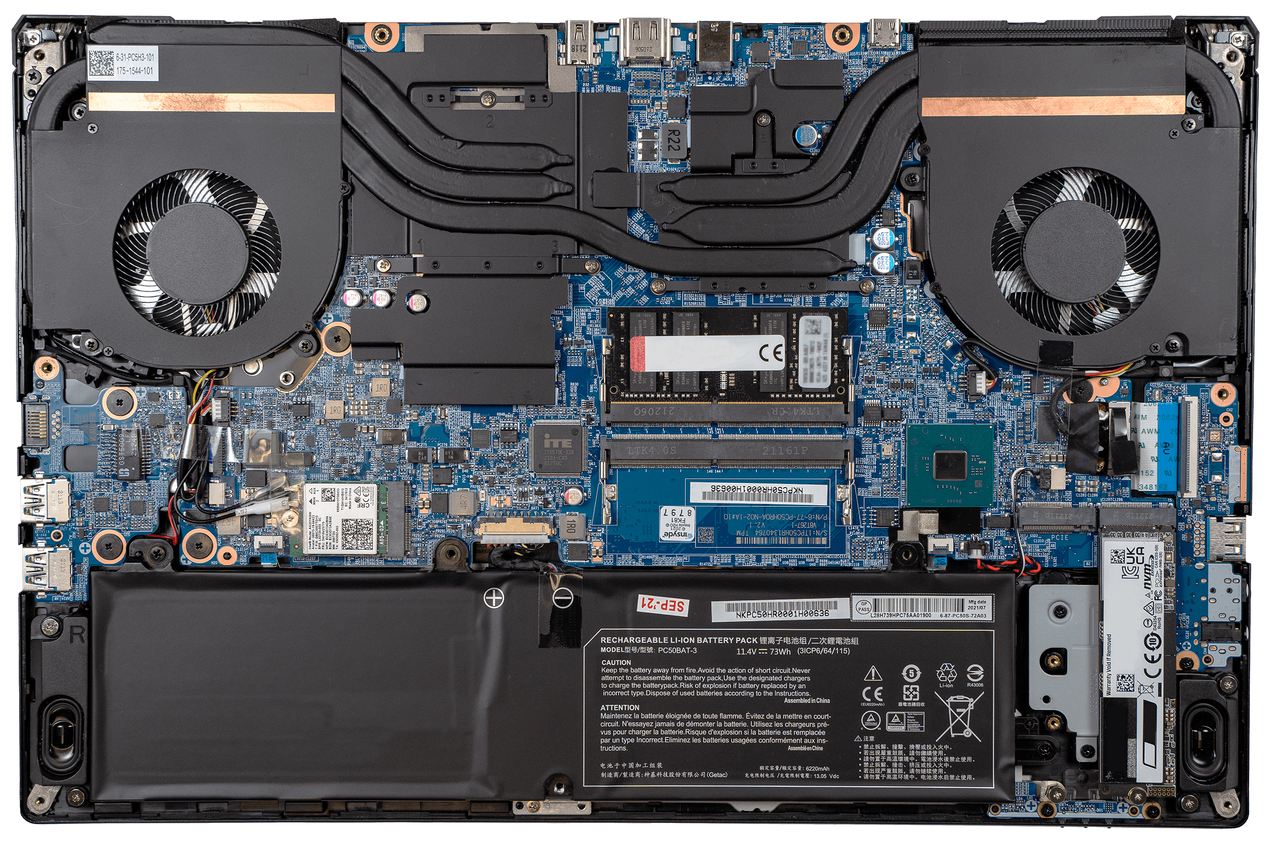 The inner workings of the Oryx Pro laptop, with all hardware exposed.