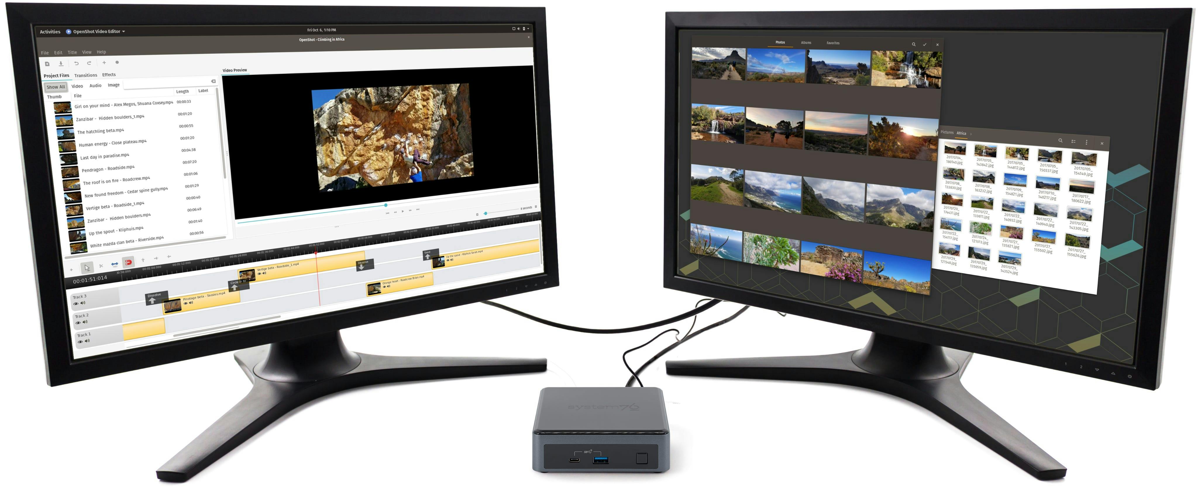 The Meerkat mini desktop shown editing a skiing video across two displays.