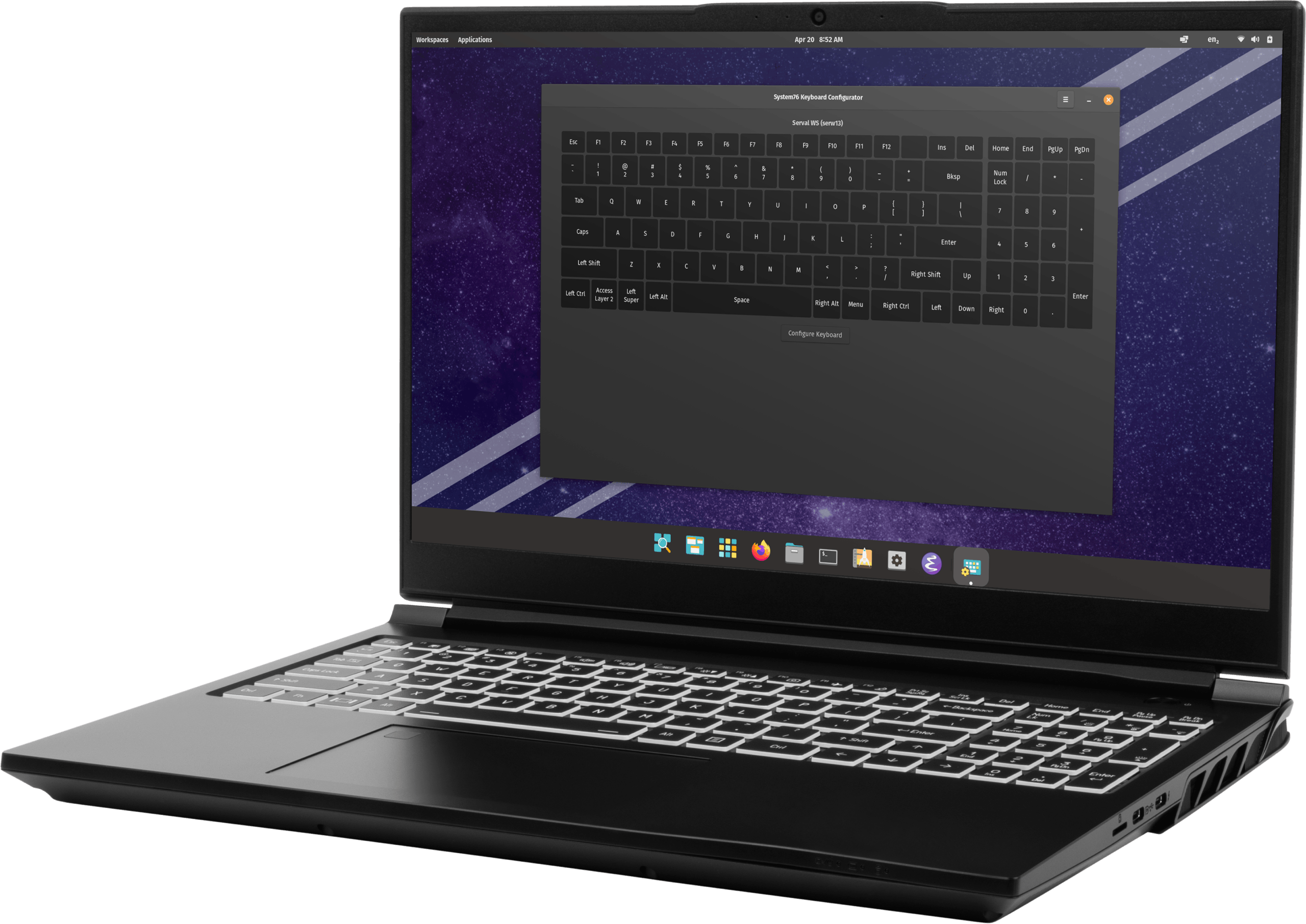 Serval WS laptop opened front view with keyboard configurator launched.
