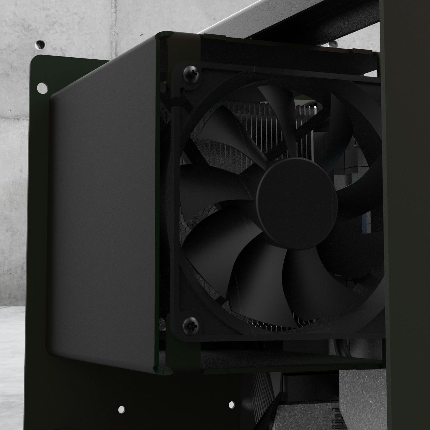 Detail of the CPU cooling duct with fan.