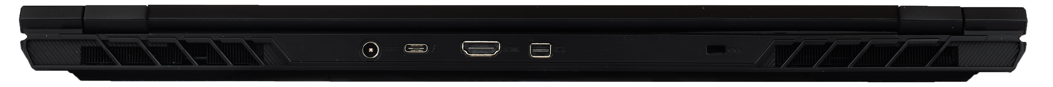 Rear view of the Oryx Pro laptop’s ports, including mini DisplayPort, HDMI, and charging port. 17in model.