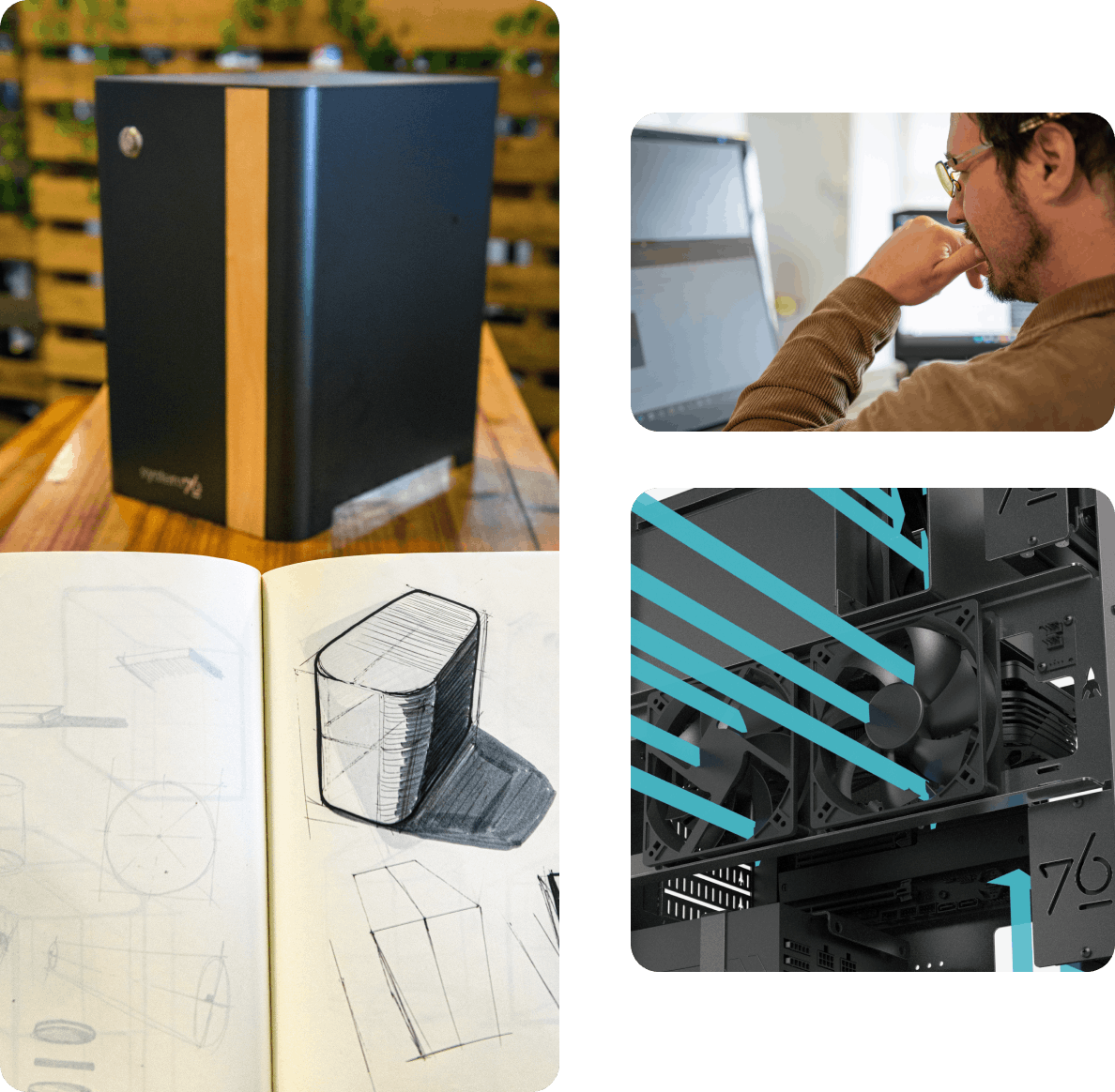 Three images create a collage. One image features a thelio with birch accent next to the initial drawing of the thelio product. Second image is of a man looking at a computer pensively. Third image is a still of an animation illustrating airflow with blue arrows representing air intake points.