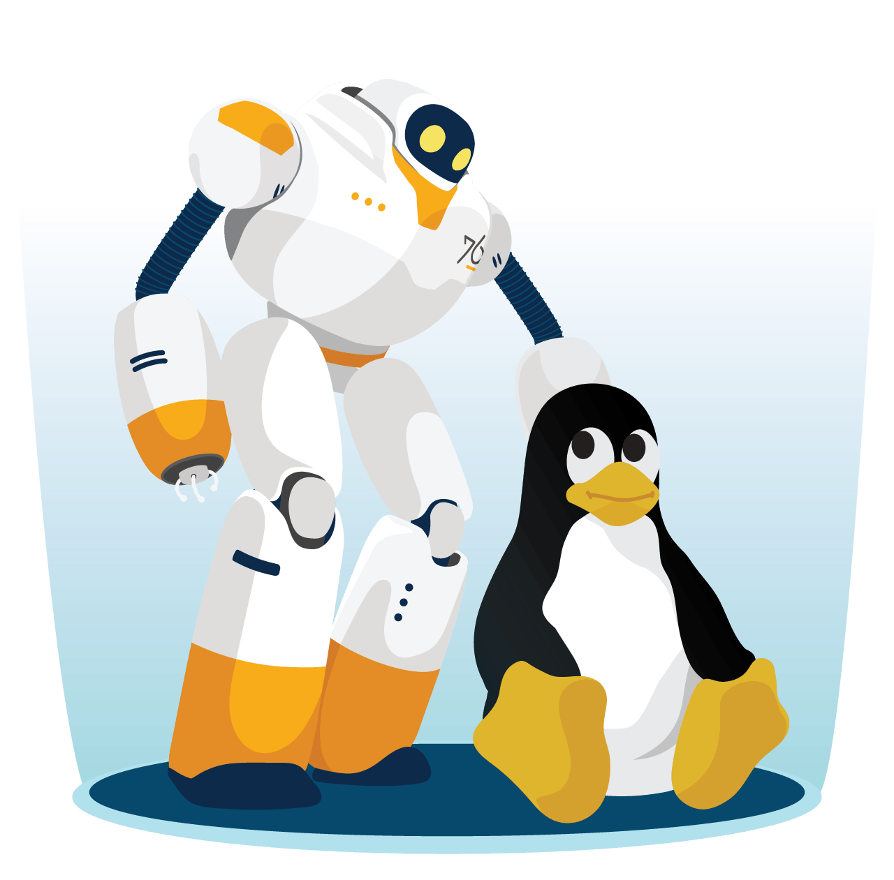 The System76 robot mascot M3lvin and the Linux penguin mascot Tux together. 