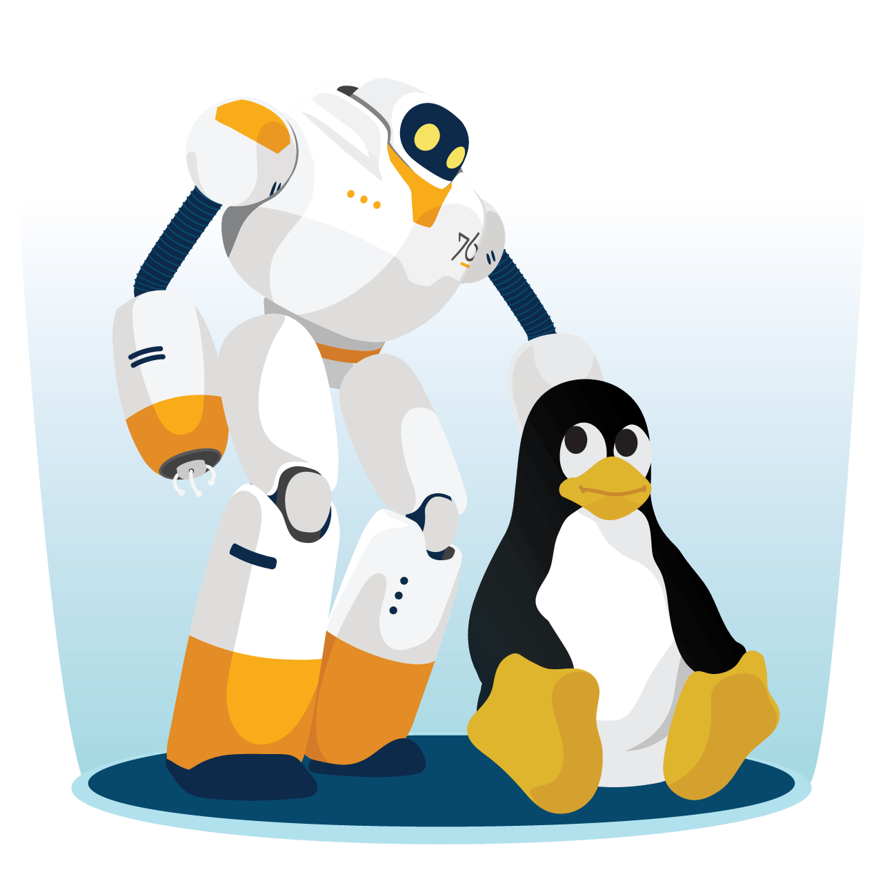 The System76 robot mascot M3lvin and the Linux penguin mascot Tux together.